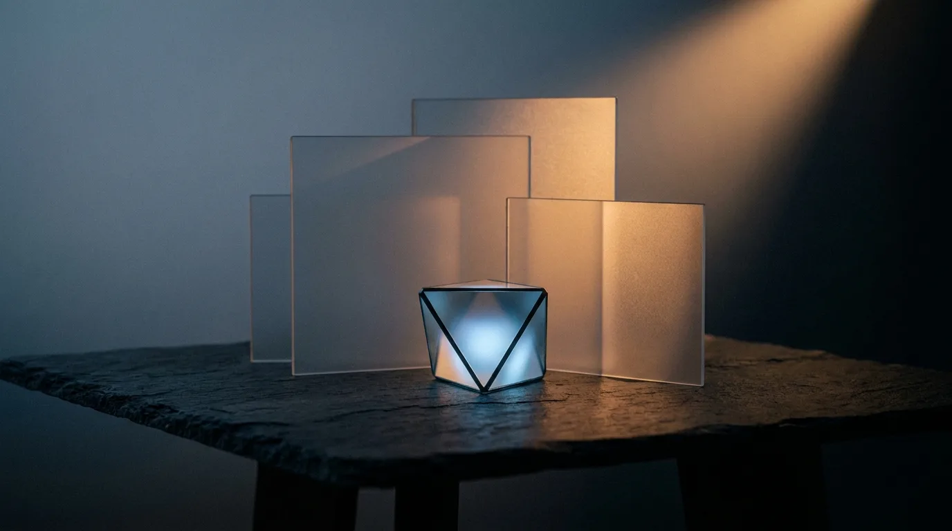 A glowing glass form contained within frosted screens in a dark room.