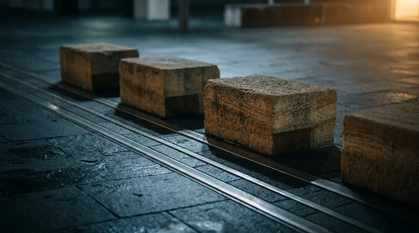 Four sandstone blocks aligned on parallel steel tracks in low warm light.