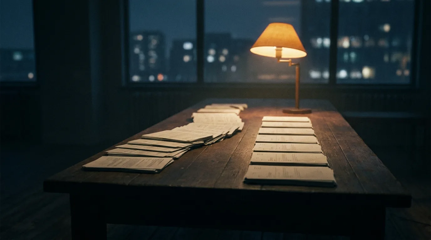 Two rows of documents on a night table, one row diverted before the end.