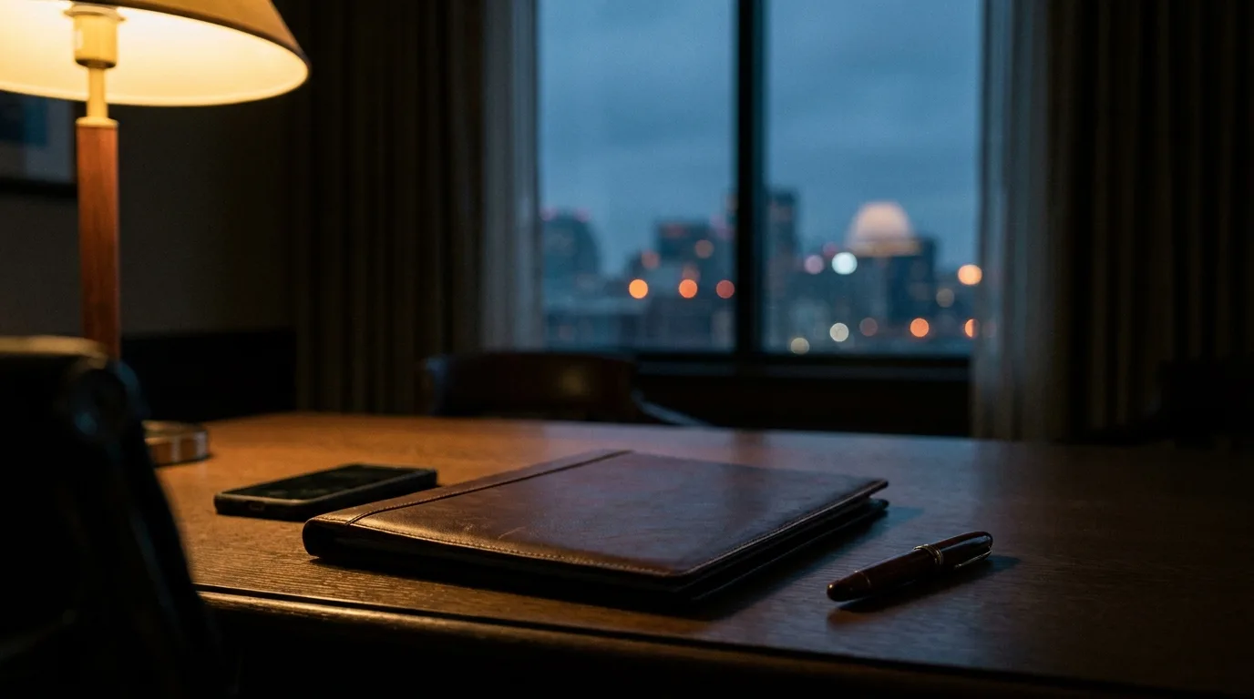 A closed matter folder, phone and pen on a lamp-lit desk at night.